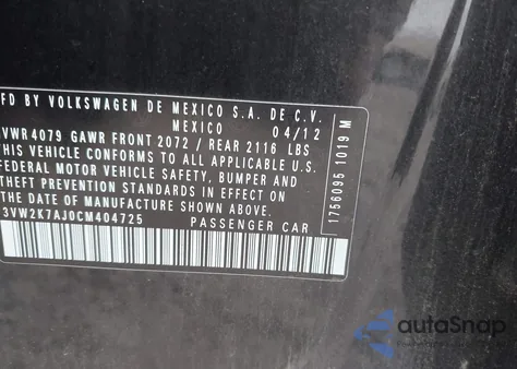 2012 Volkswagen Jetta 2.0L S z USA, uszkodzony, nr VIN 3VW2K7AJ0CM404725